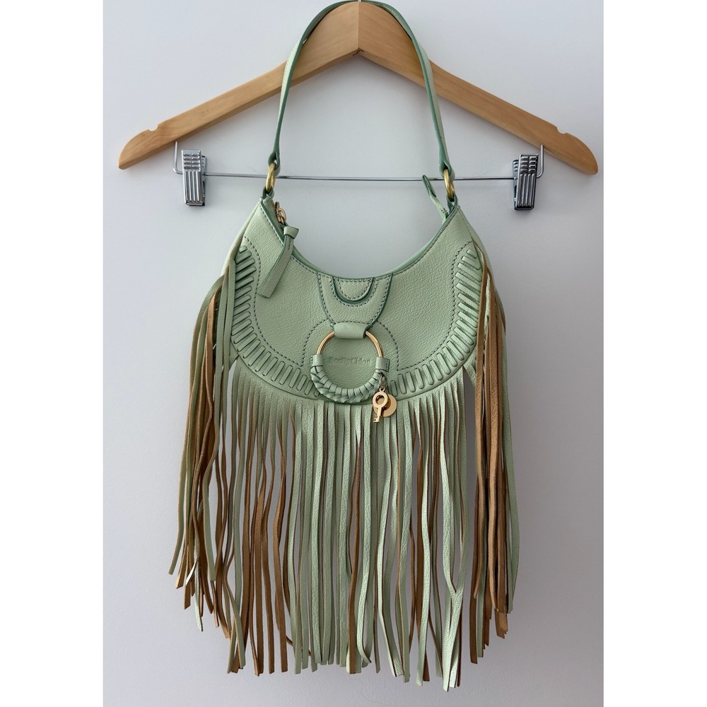 See By Chloe Joan Mini Hobo Bag Mint Green Pebbled Leather Fringe Gold Hardware